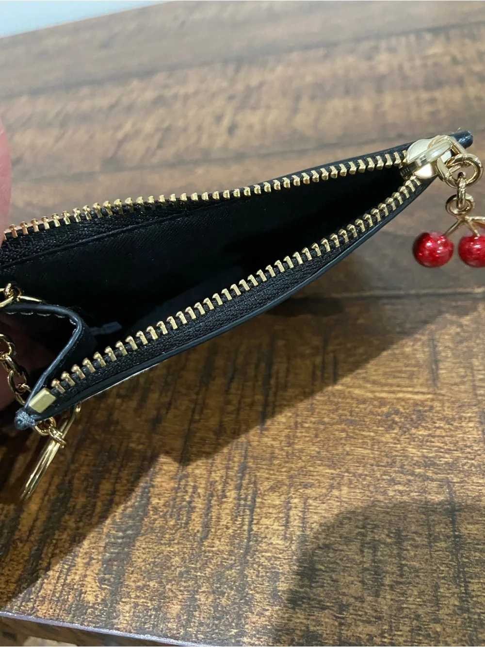 Coach Mini Skinny ID Case Black and White Gingham Print with Cherry Charm